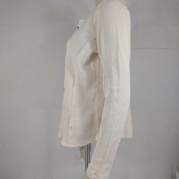 Sundance ivory 100% cotton long sleeve lace up V-Neck thermal shirt ladies Large - Picture 5 of 7